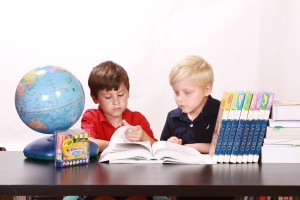 children reading in library